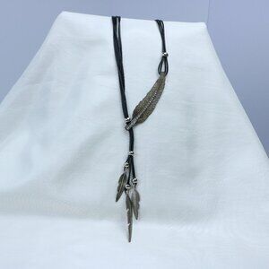 Long Black Cord Necklace with Silver-Tone Feather Pendants | Boho Style